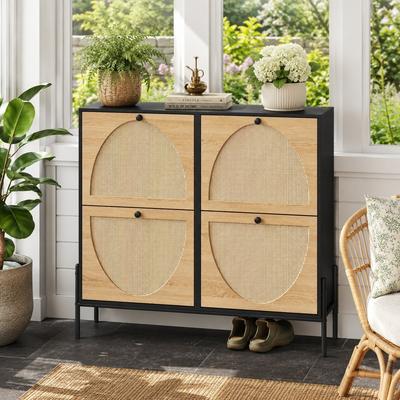 Fundinbaths Rattan Shoe Cabinet with 4 Flip-Down Doors, Narrow Freestanding Shoe Storage Cabinet for Entryway