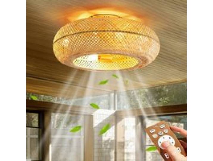 Ventilateur de Plafond avec Lumière et Télécommande Silencieux 6 Vitesses Rotin Naturel Tissé Lampe de Plafond 50cm Minuteur