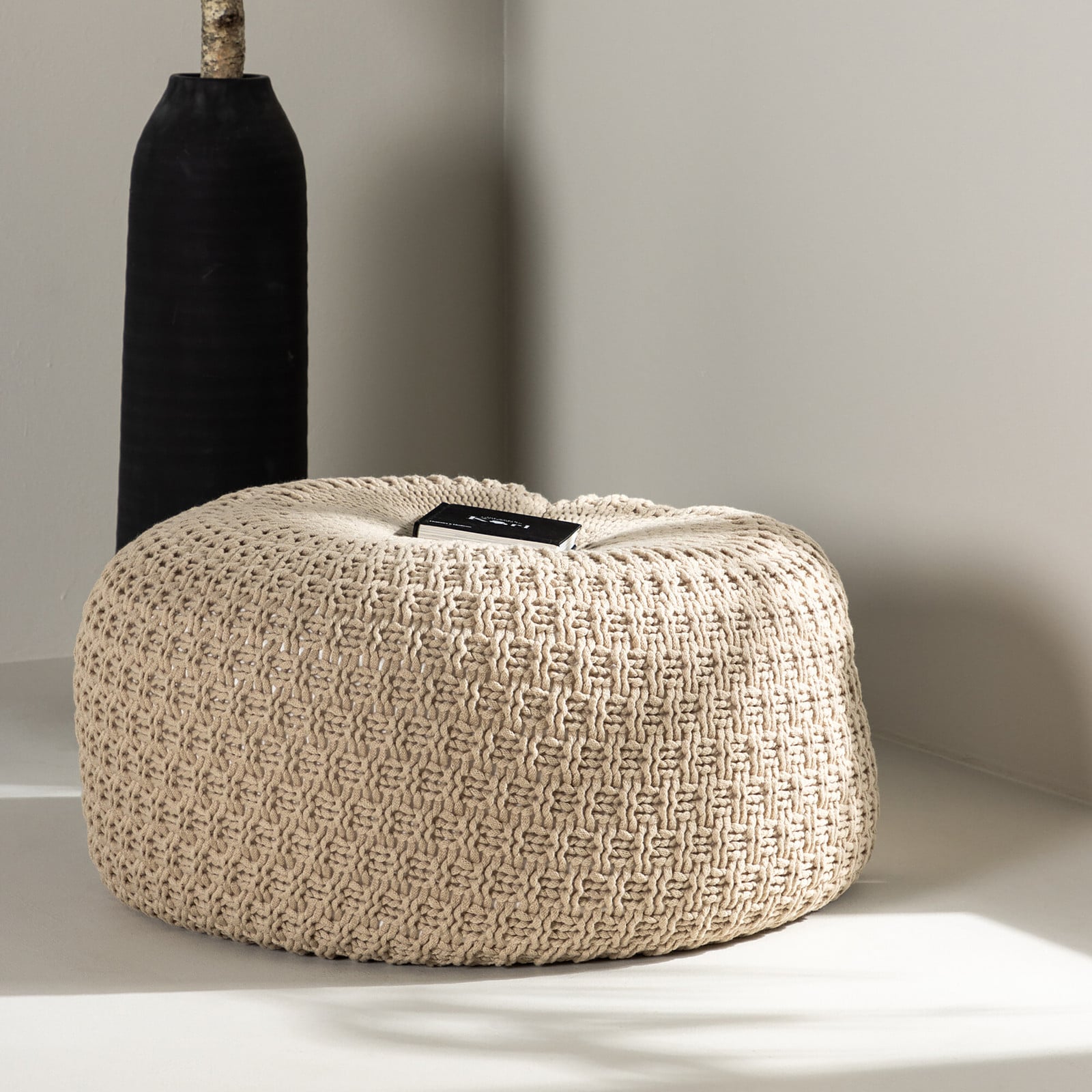 home24 Poef Sam beige met textiel, Ø 60 cm