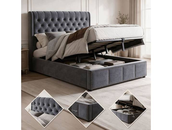 Lit coffre 140x200cm - Lit capitonné avec hydraulique rangement - Tête de lit velours - Décor clous - Sommier à lattes bois - Gris
