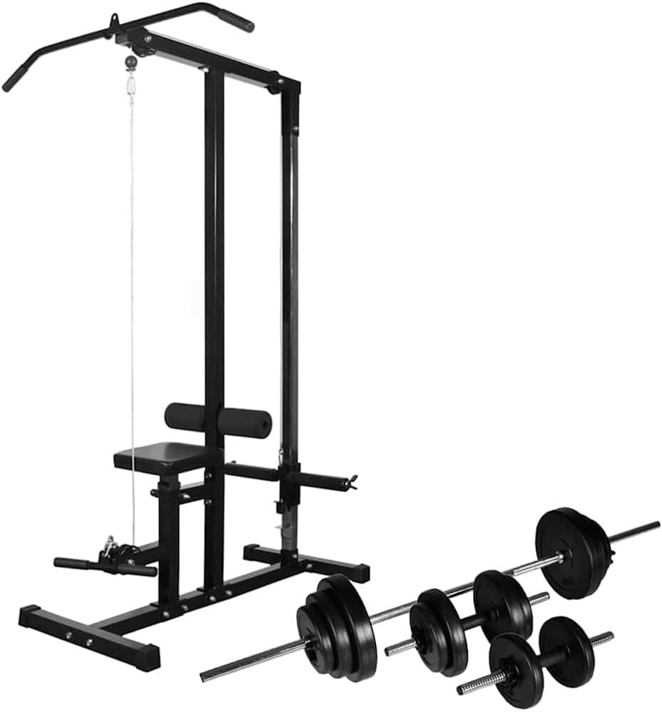 Fitnessstation mit Langhantel- und Kurzhantelset, 30,5 kg, Sportartikel für Fitness, Gewichtheben und Krafttraining, Schwarz, 61.35 kg