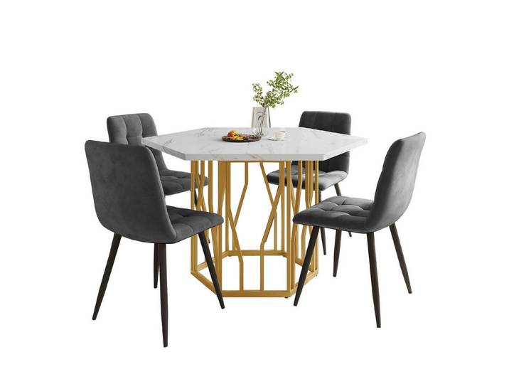 REDOM Essgruppe Moderner Marmor-Esstisch Esstisch-Set, (Moderner Sechseckiger Marmor-Esstisch mit Goldenen Metallbeinen und 4 Samtstühlen– Perfekt für Esszimmer und Wohnzimmer, Elegantes Design für modernes Wohnen, 5-tlg)