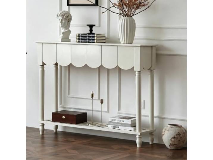 Massivholz‑Konsolentisch mit Schubladen, moderner Eingangs‑Sofatisch Massivholzrahmen, grifflose Schubladen, multifunktionale Ablage, matte Oberfläche(White,118x32 cm/46.5x12.6 in)