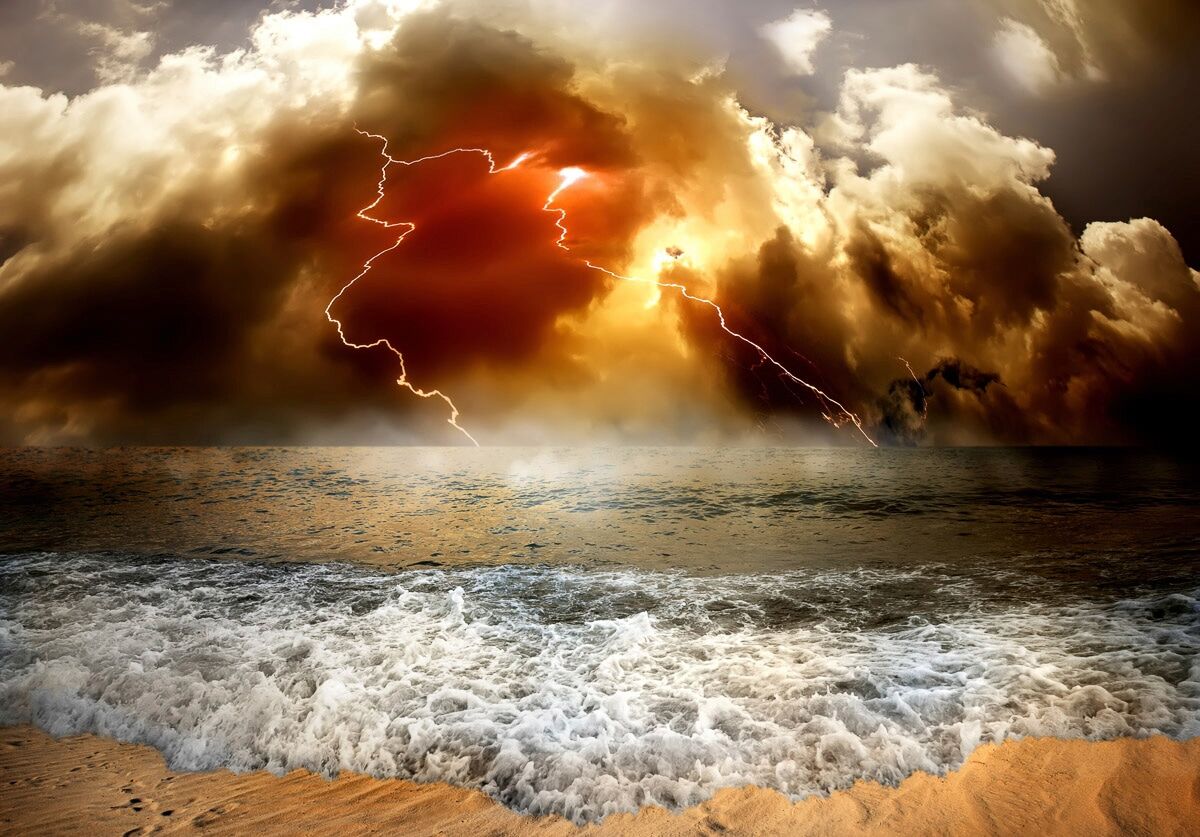 Fototapete PAPERMOON "Strand mit Gewitter", bunt, B:3,5m L:2,6m, Vlies, Tapeten, Fototapete bunt B/L: 3,5m x 2,6m, Bahnen: 7 Stk.