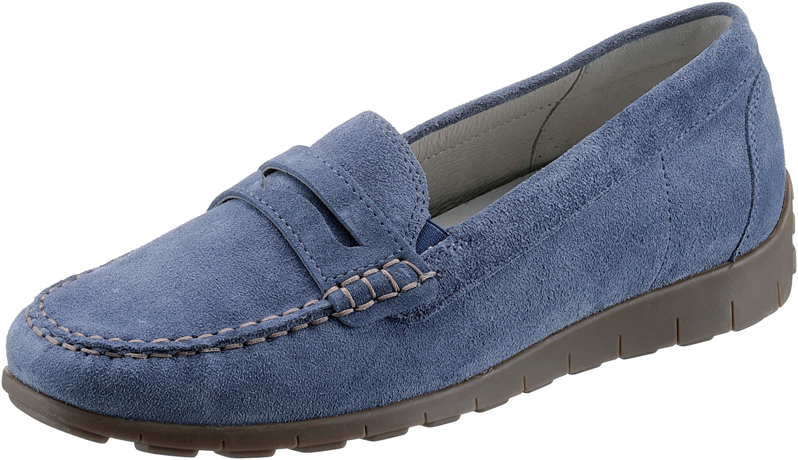 Mokassin WALDLÄUFER "H-LUCY", Damen, Gr. 3,5 (36), Leder, blau (jeansblau), Veloursleder, Schuhe Mokassin, Slipper, Freizeitschuh, Halbschuh mit typischer Rahmennaht, H-Weite