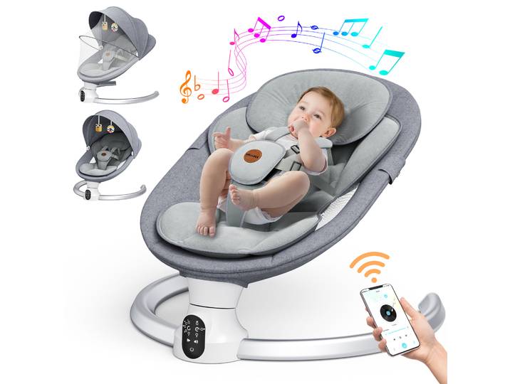 Agitateur électrique Bluetooth pour bébé, mise à niveau du agitateur électrique pour lave-vaisselle à 5 points avec 5 vitesses, 3 minuteries et 10 musique (gris clair)