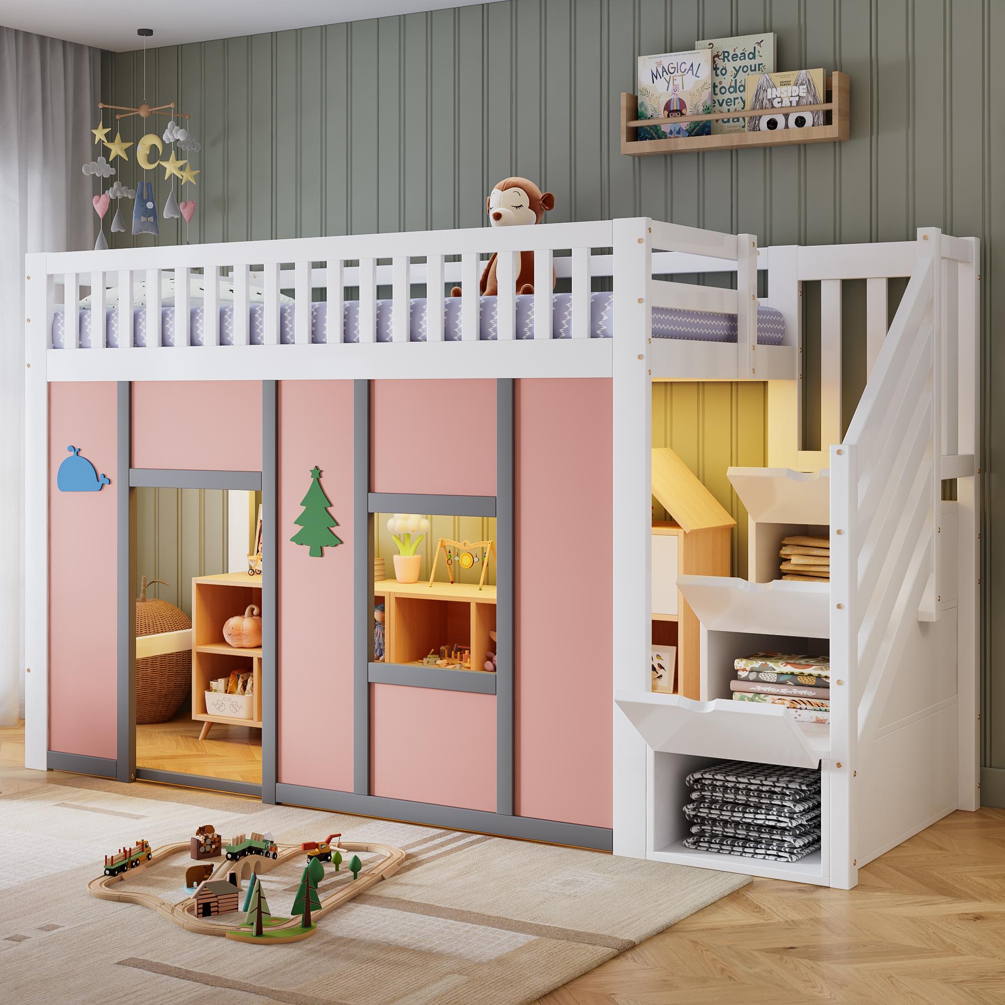 okwish Hochbett 90×200 mit LED und Stauraumtreppe, Jugendbett mit Spielbereich, Einzelbett in Weiß,ohne Matratze
