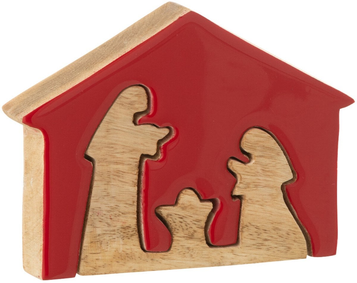 J-Line Kerststal decoratie in hout - rood/naturel - klein