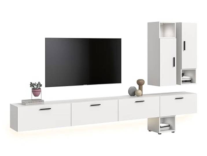 xonox.home – Wohnkombination inkl. Beleuchtung The One 300x178x34 cm in Weiß – XXL Wand mit 2 Türen, 4 Klappen & LED – 15 Fächer bieten massiven Platz & EIN modernes Lichtkonzept für Ihr Zuhause