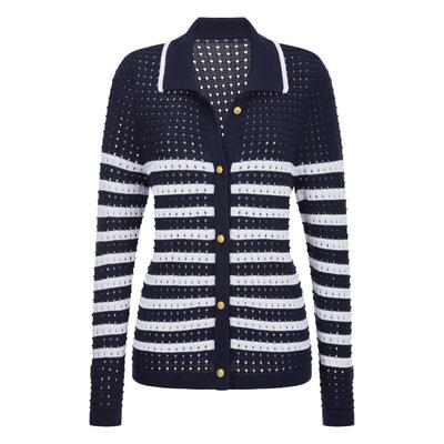 Strickjacke GOLDNER "Polopullover mit Lochmuster", Damen, Gr. 54, blau (marine, weiß, gemustert), Obermaterial: 50% Baumwolle CO. 50% Polyacryl PAN., gerade, Strickjacken Strickjacke, Lochmuster im Ringel, goldene Dekoknöpfe