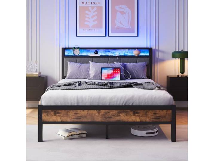 Lit double - ZEVKOR - 140×200 - Tête de lit rangement - LED intégrée - 2 USB + prise