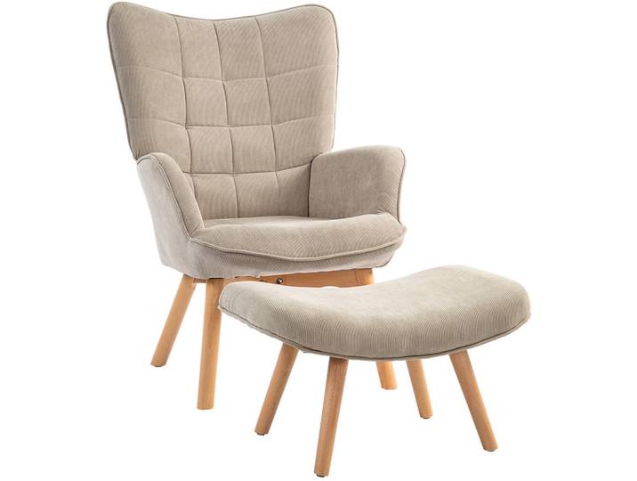 Flora Grace Ohrensessel mit Hocker 72/80/101 cm in Khaki mit Holzbeinen, Beige, 72x101x80 cm, Wohnzimmer, Sessel, Ohrensessel