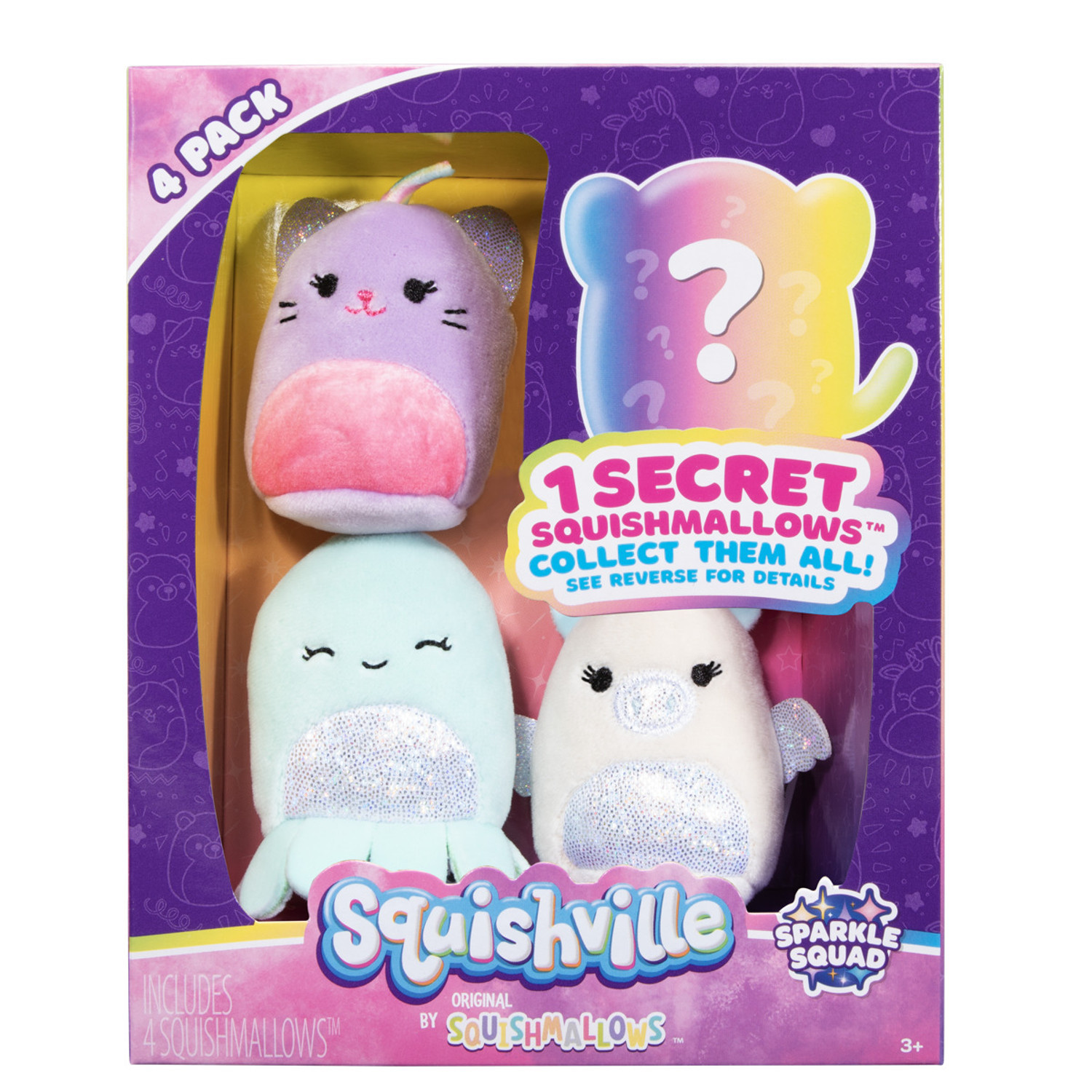 Jazwares Squishville Mini Pluche Knuffel Squishmallow Sparkle Squad, 4-delige set