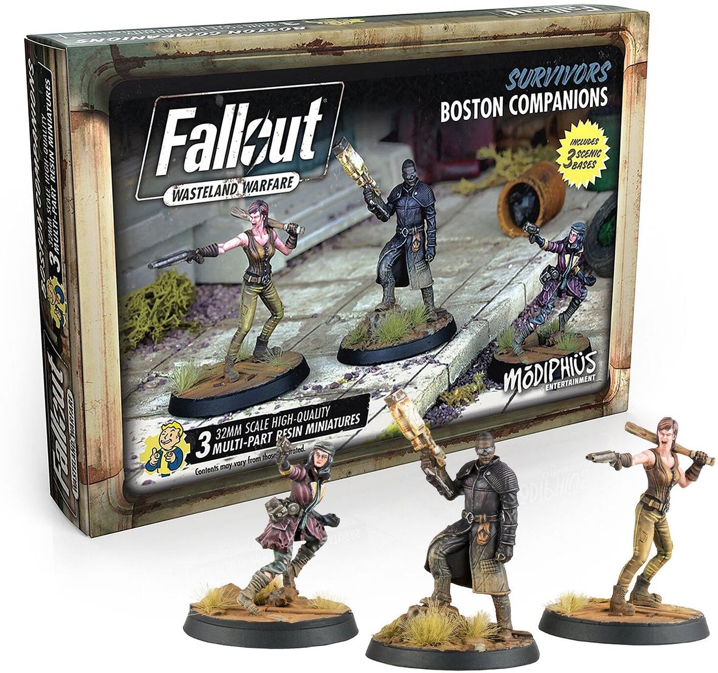 Modiphius Entertainment Fallout: Wasteland Warfare – Survivors: Boston Companions Miniature Set with 3 Scenic Bases and Cards