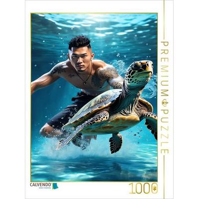 CALVENDO Puzzle Asiatischer Mann taucht mit einer Wasserschildkröte | 1000 Teile Lege-Größe 64x48cm Foto-Puzzle für glückliche Stunden