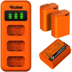Rollei Ladegerät-Set 3er Pack Kamera-Akkus & Ladegerät (Kamera Akku Ladegerät), Kamera Stromversorgung, Orange