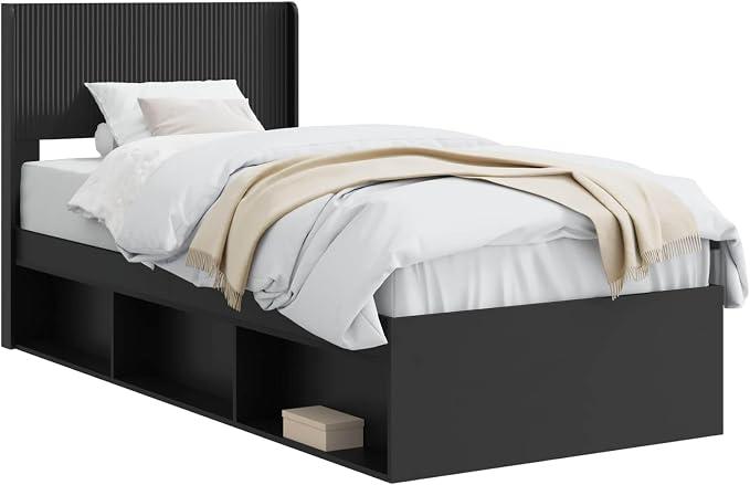 Schwarzes 90x190 cm Bettgestellmit Stauraum und Kopfteil aus Holzwerkstoff Modernes Design Robust und Langlebig für Jugendzimmer Single Bedroom Gästezimmer
