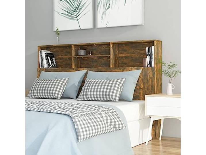 KTHLBRH Kopfteil mit Fächern, Eiche Rauch, 160 x 19 x 103,5 cm, aus mehrschichtigem Holz, mit vier Fächern, zur Organisation von Schlafzimmern, zeitgenössisches Design, robust und stabil