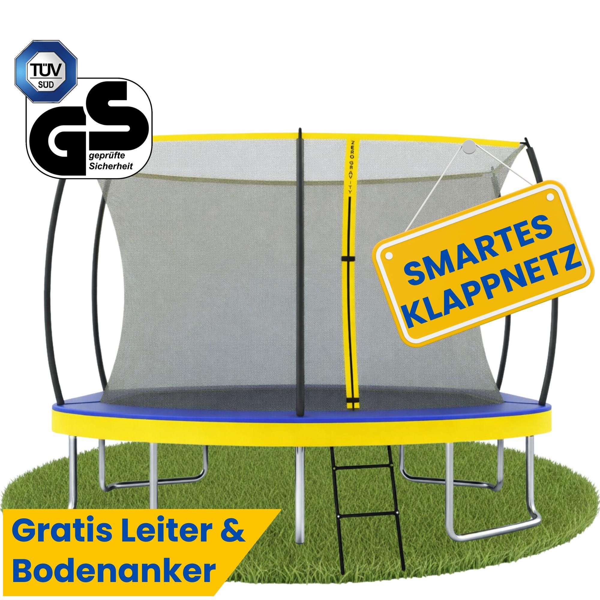 Zero Gravity Trampolin 366x244 cm inkl. Leiter & 4 Bodenanker / Schneller Auf- und Abbau dank smartem Klappnetz / Max. 130 kg / Ultima 5 Fun-Edition