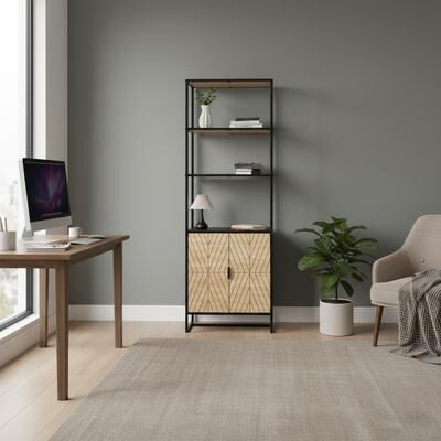 AC Pacific Bali Black Coastal Modern 6-Tier Book Shelf with Storage