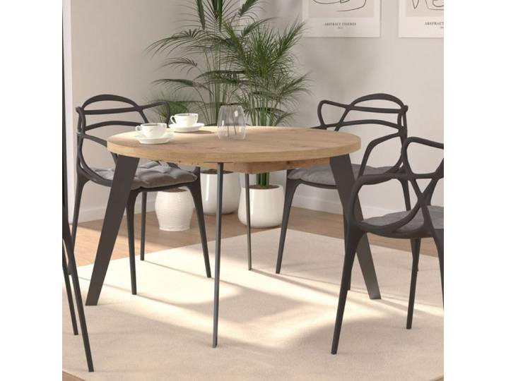 Table ronde extensible 110 à 155 cm décor bois pieds métal - VANESSA Meubletmoi