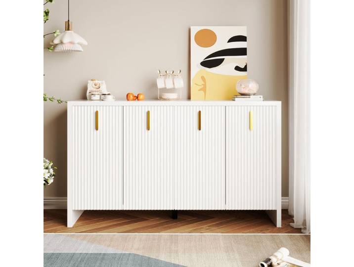 Buffet moderne blanc - 140x38x80 cm - Poignées dorées - Étagères réglables - Panneau de particules