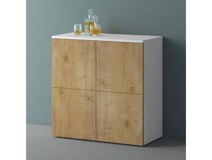 Mai & Mai Sideboard 76cm Kommode 4 Türen Soft-Close grifflos Stauraum Sideboard Wohnzimmer, 4 Stauräume, verstellbare Füße, Flurschrank, Weiß matt + Kerneiche, BxTxH:76x36,4x74cm, Schrank04