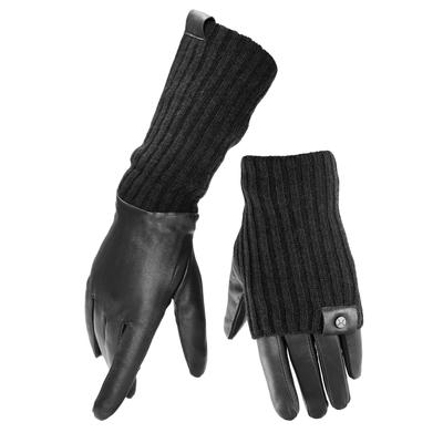 Lederhandschuhe PEARLWOOD "ROMY", Damen, Gr. 7, schwarz, Feinripp, Materialmix, unifarben, Handschuhe, Fleecefutter, als Lang-oder Kurzhandschuh zu tragen, Strickbündchen