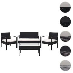 Poly-Rattan Garnitur HWC-F56, Balkon-/Garten-/Lounge-Set Sitzgruppe ~ schwarz, Kissen creme
