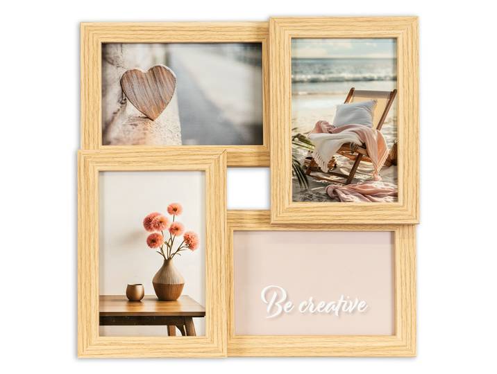 Bilderrahmen Collage QUEENCE Rahmen 3D Holz in braun , beige (natur), B:29cm H:29cm T:3cm, MDF, Bilderrahmen, Bilderrahmen Collage, Platz für 4 Fotos in 10x15cm