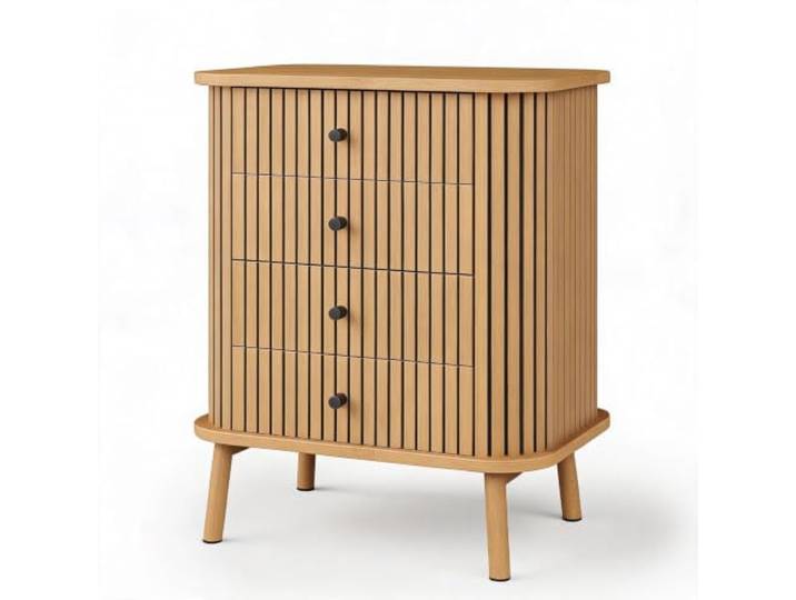 GarveeMore Fluted 4-Schubladen-Kommode 2er-Set – Geschwungene Rattanfronten Eichenoptik, Mattschwarze Griffe, Metallauszüge