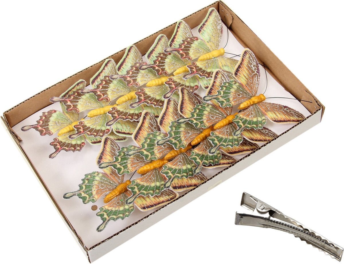 Othmar Decorations decoratie vlinders op clip - 12 stuks - beige/oranje - 9 cm