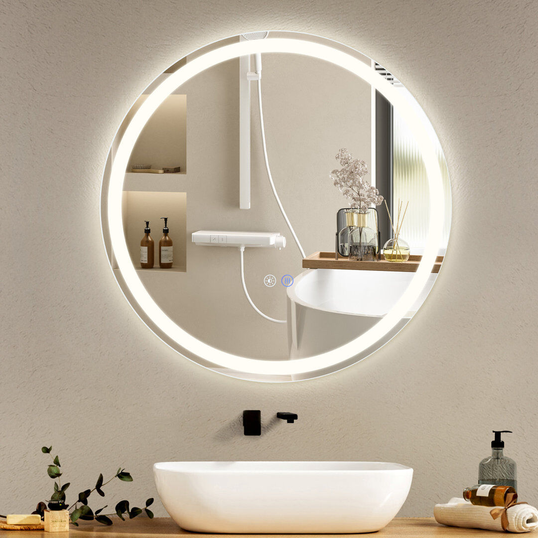 Metro Citlally Circle Lighted Aluminium Framed Wall Accent Mirror in Silver Silver 50 cm x 50 cm