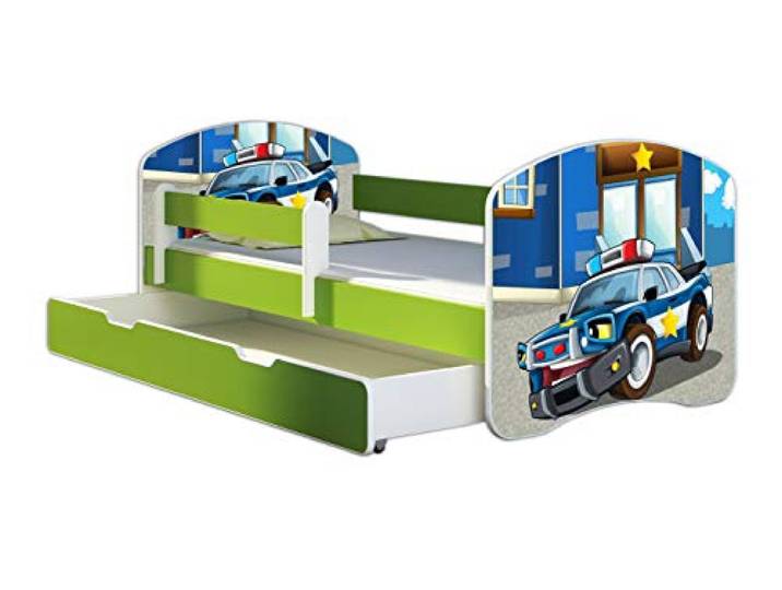 ACMA Kinderbett 160x80 Jugendbett mit Einer Schublade und Matratze, Farbe Grün, Rausfallschutz Lattenrost II Spielbett Kinderzimmer Möbel, 38 Polizei