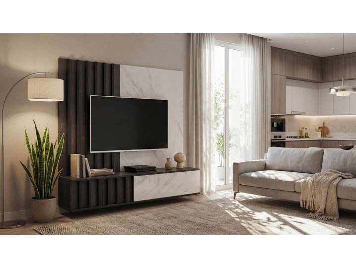 ASM-Moebel Wohnwand Anbauwand NOIR II DGMW mit Lamellen und Push-Click System, Mit Lamellen und Push-Click System.