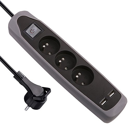 Electraline stekkerdoos met 3 stopcontacten en 2 USB-poorten, grijs, 2 meter