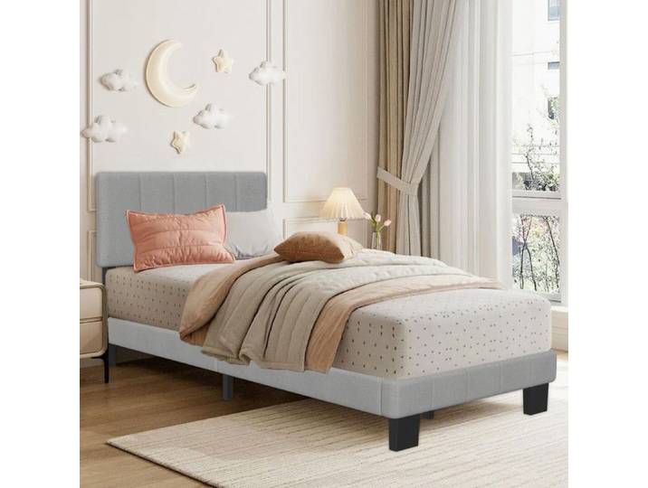 Lit double adulte 140x190 cm Structure de Lit avec Sommier à Lattes Tête de Lit Capitonnée Rembourrée Structure Bois Beige