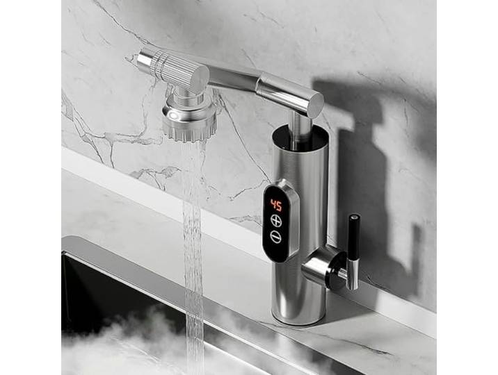 Yalsfowe Elektrischer Wasserhahn mit Durchlauferhitzer, 1080 ° drehbarer Durchlauferhitzer Armatur mit Digitalanzeige Edelstahl, 3300W elektrischer Wasserhahn für Küche und Bad