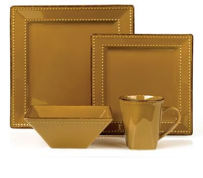 16 Piece Square Beaded Stoneware Set by Lorren Home Trends, Mocca