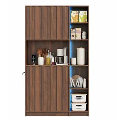 Merax Küchenschrank 105 x 40 x 180 cm, Hochschrank mit LED-Beleuchtung, Steckdose, Vitrine & Stauraum, Esszimmer-Schrank in Holzoptik, Braun