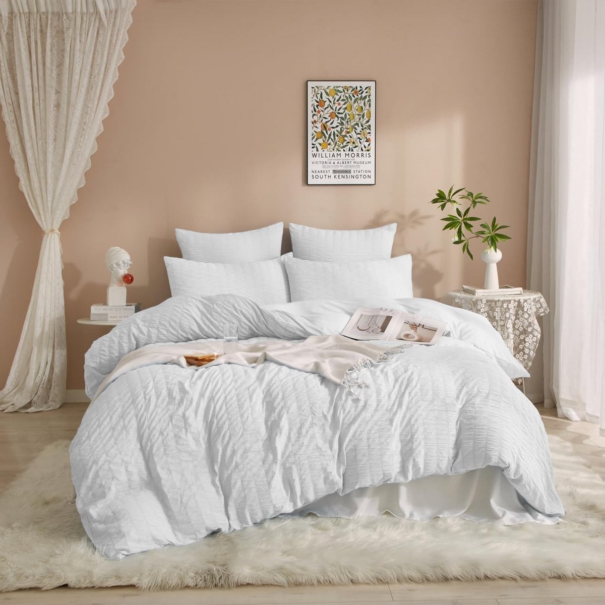 4-delige Seersucker Beddengoed Set - Wit - 135 x 200 cm