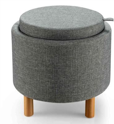 Costway Round Fabric Storage Ottoman with Tray and Non-Slip Pads for Bedroom-Gray
