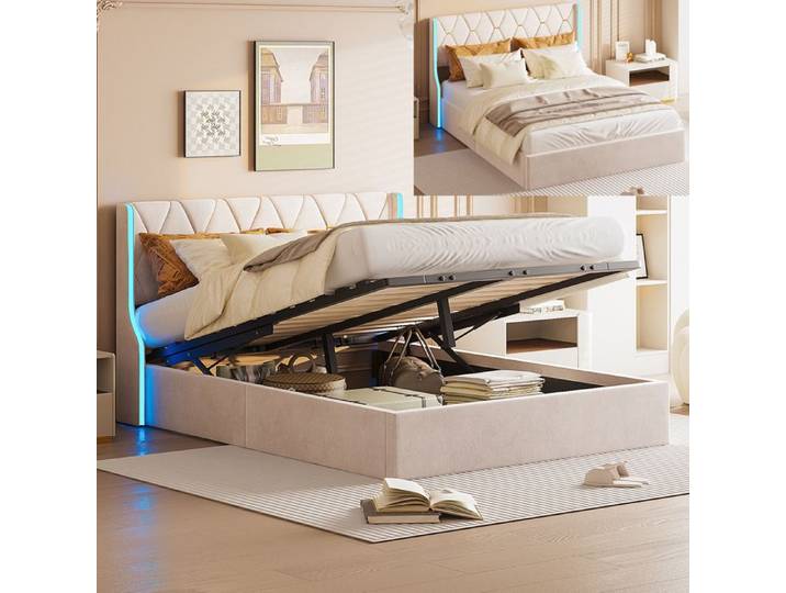 Structure de lit SHAODENG 160x200 cm avec LED tissu en velours cadre de lit 160x200 cm Beige