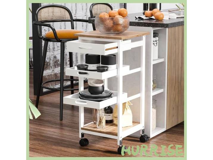 Cocosity Chariot De Service Desserte De Cuisine À Roulettes 2 Plateaux Amovibles Tiroir Étagère Chêne Clair Bois Pin Blanc