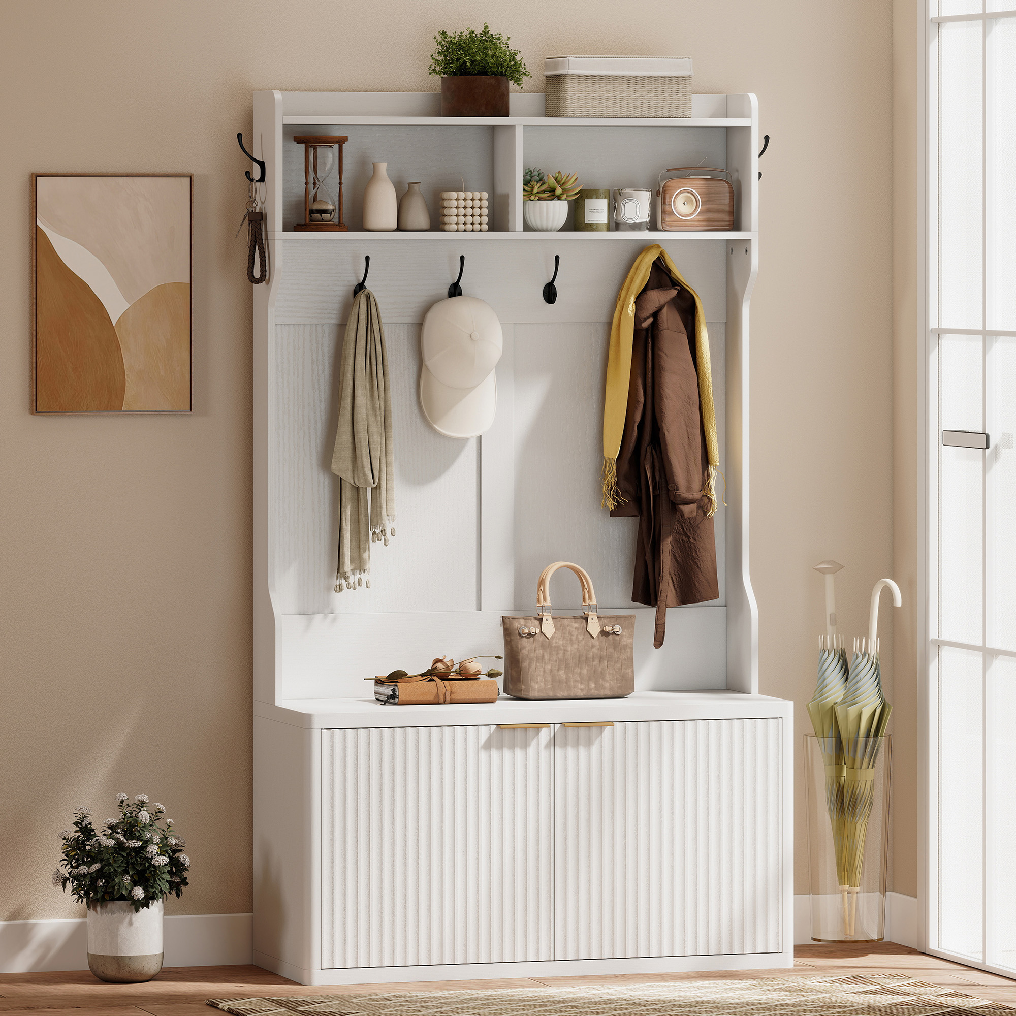 Homcom Appendiabiti-Scarpiera 4 in 1 Appendiabiti Moderno con Ripiano Aperto per Corridoio Ingresso Camera 100x38x172 cm Bianco   Aosom Italy