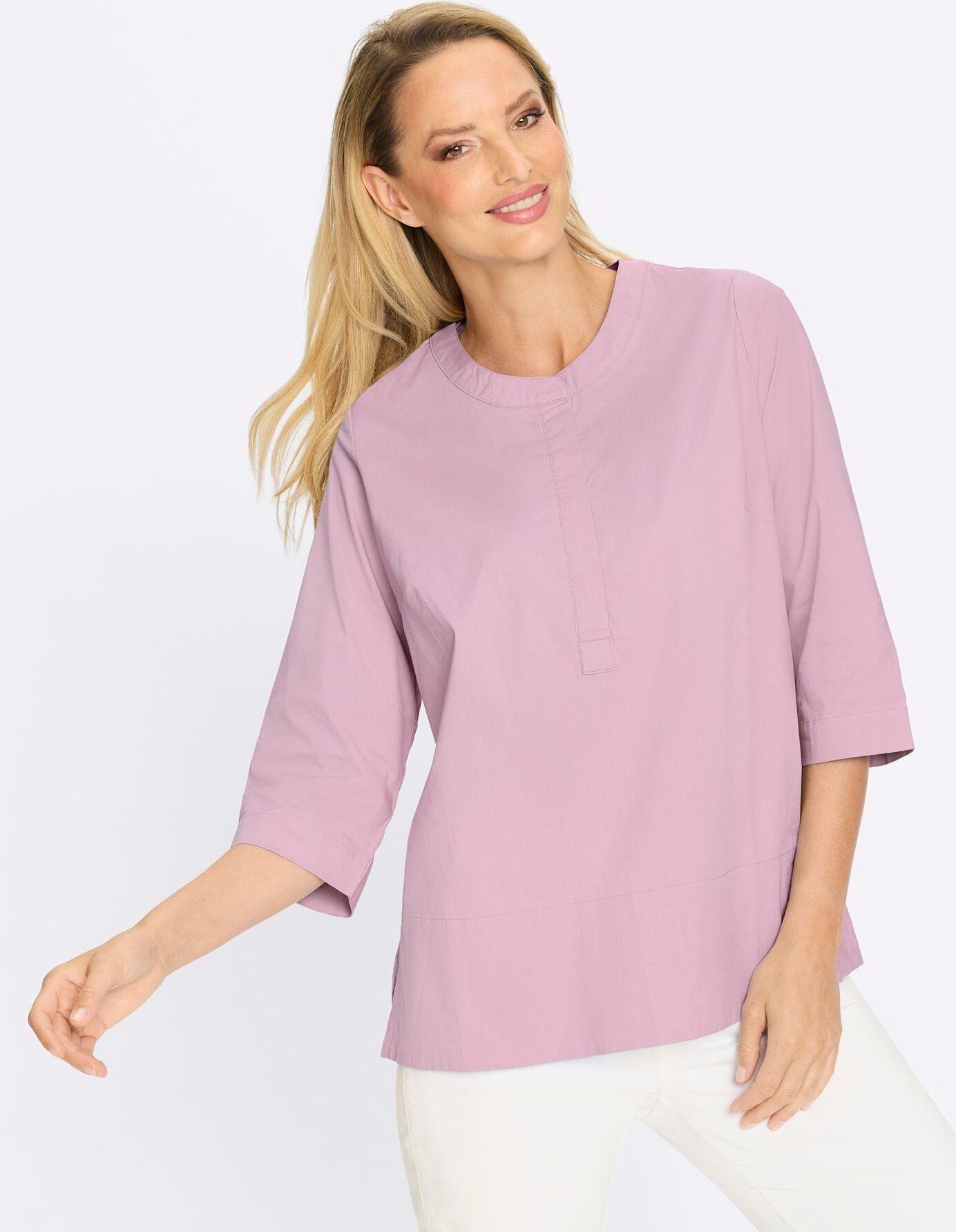 Klassische Bluse HEINE, Damen, Gr. 38, rosa (rosé), 97% Baumwolle, 3% Elasthan, unifarben, Rundhals, Blusen Klassische Bluse rosé 38