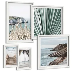 BILDER SET 5er Set - 50x50 cm & 20x30 cm & 40x60 cm Weißer Rahmen - Strandtreppe Schaukel Meer