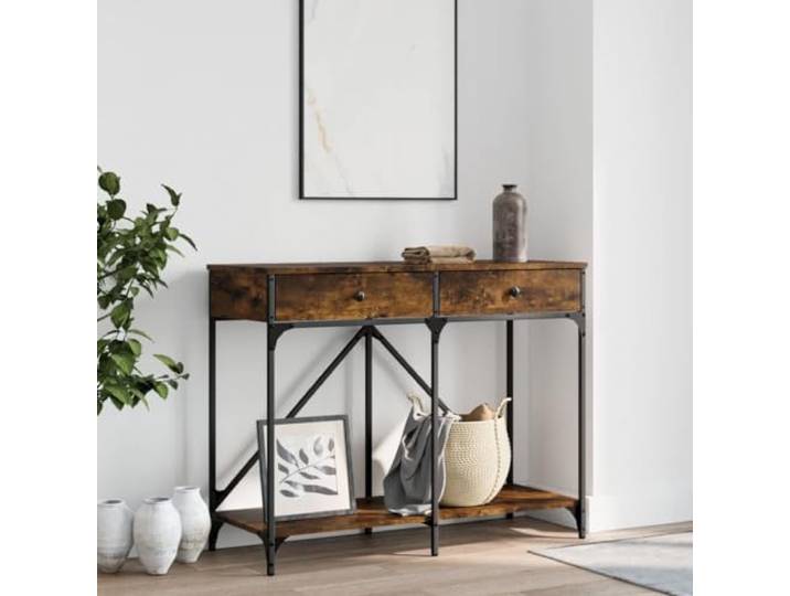 HKGNMBS Konsolentisch Eiche Rauchgrau 100 x 39 x 78,5 cm Holz mehrschichtig 2 Schubladen, Ablagefläche, Stahlgestell, verstellbare Füße, Wandbefestigung, Montage erforderlich