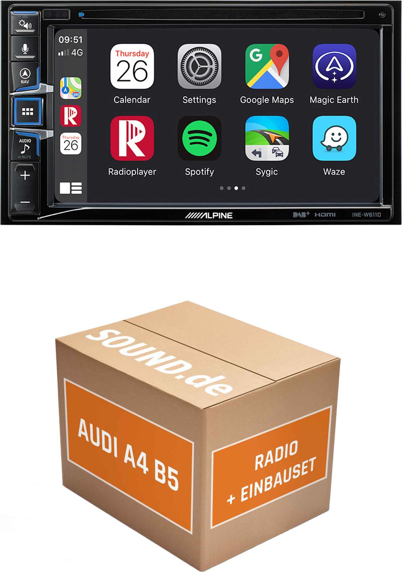 Autoradio Einbaupaket Alpine INE-W611D für Audi A4 B5 + Navigation Plus | Navigationssystem CD-/DVD-Laufwerk
