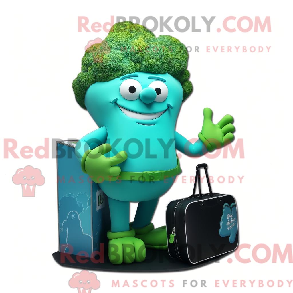 Maskottchenfigur REDBROKOLY eines cyanfarbenen Brokkoli mit Tanktop und Aktentasche